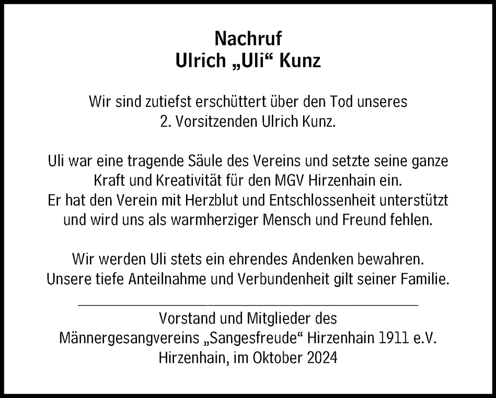  Traueranzeige für Ulrich Kunz vom 22.10.2024 aus Dill Block