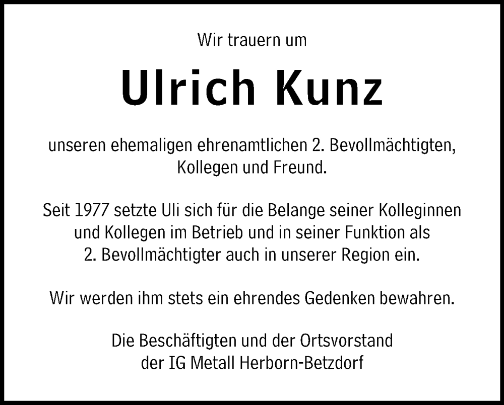  Traueranzeige für Ulrich Kunz vom 22.10.2024 aus Hinterländer Anzeiger