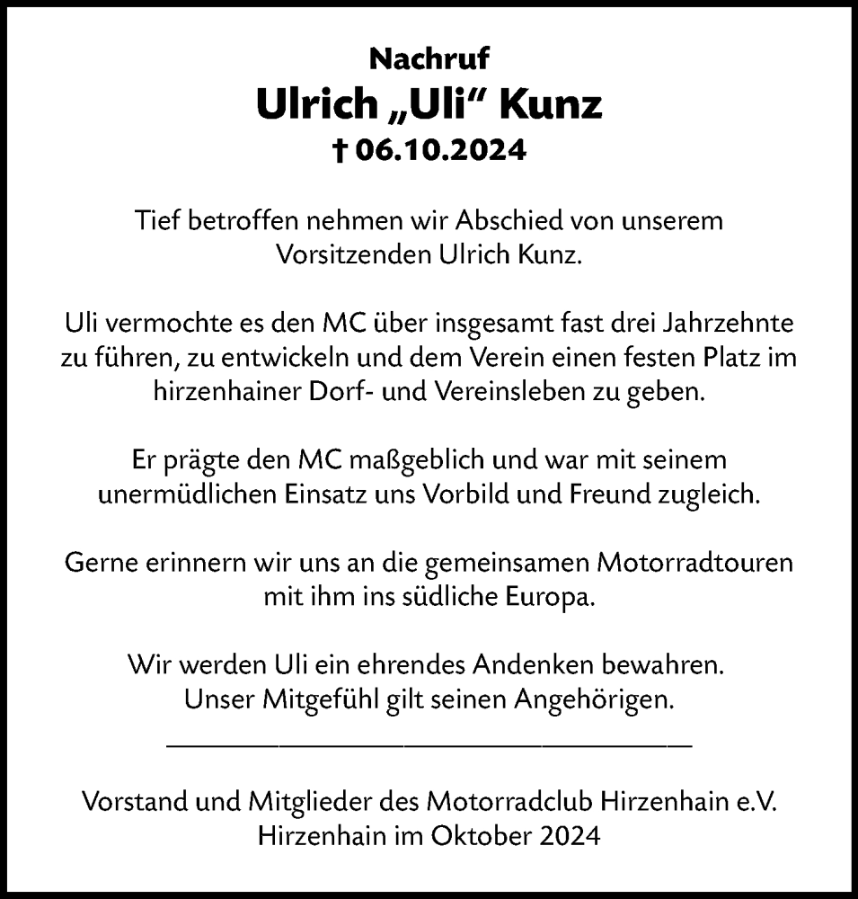  Traueranzeige für Ulrich Kunz vom 22.10.2024 aus Dill Block