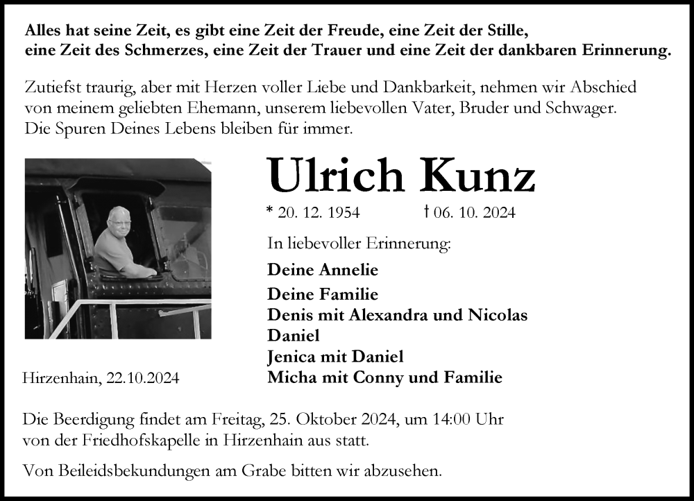  Traueranzeige für Ulrich Kunz vom 22.10.2024 aus Dill Block