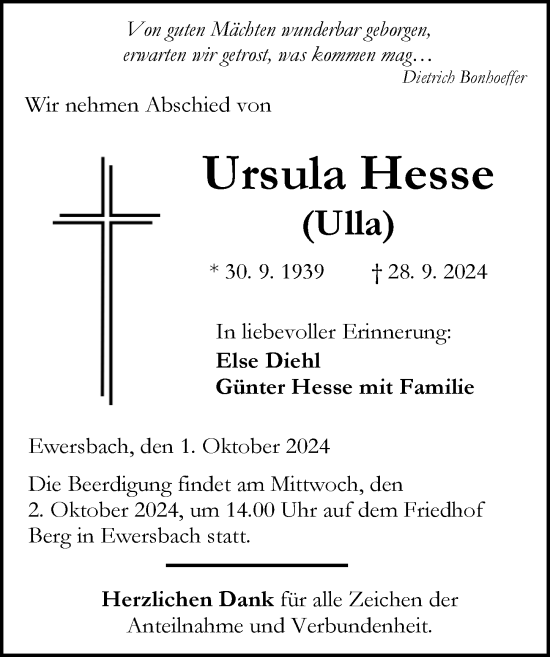 Traueranzeige von Ursula Hesse von Dill Block