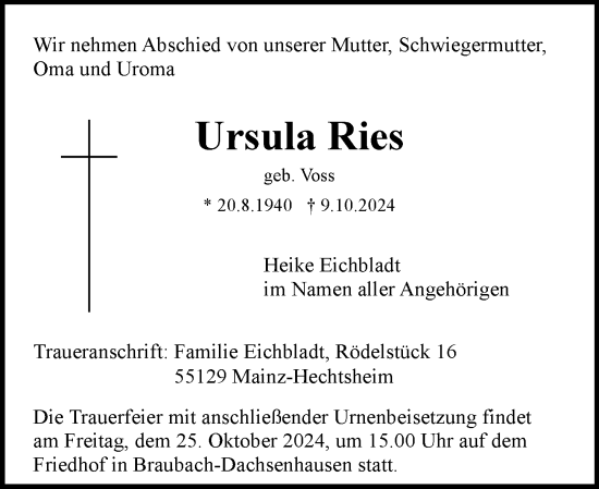 Traueranzeige von Ursula Ries von Idsteiner Land/Untertaunus