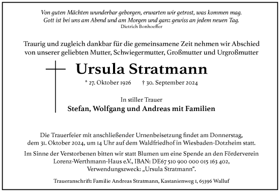 Traueranzeige von Ursula Stratmann von Wiesbadener Kurier