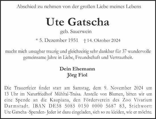 Traueranzeige von Ute Gatscha von Darmstädter Echo