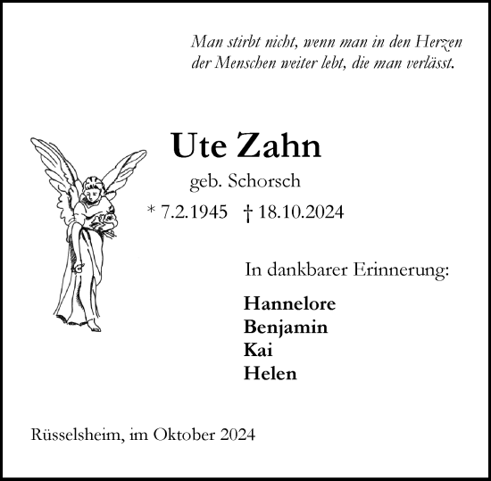 Traueranzeige von Ute Zahn von Rüsselsheimer Echo