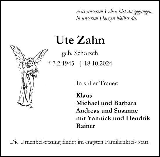 Traueranzeige von Ute Zahn von Rüsselsheimer Echo