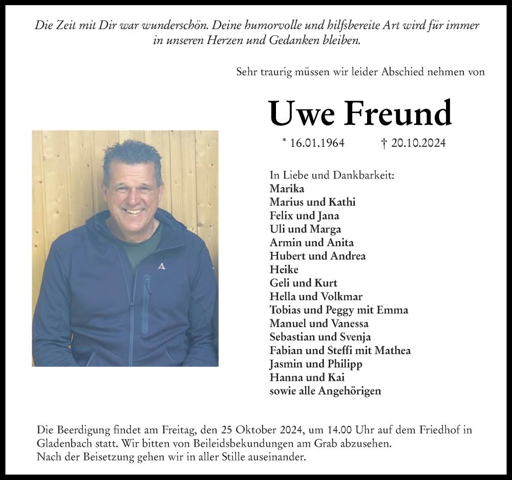  Traueranzeige für Uwe Freund vom 23.10.2024 aus Hinterländer Anzeiger