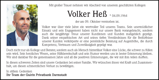 Traueranzeige von Volker Heß von Darmstädter Echo