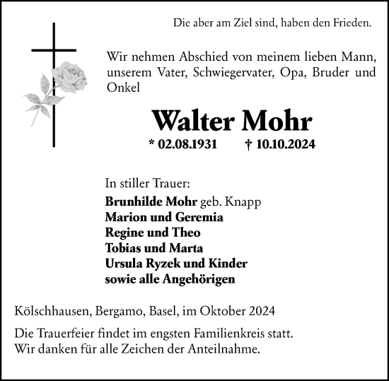 Traueranzeige von Walter Mohr von Wetzlarer Neue Zeitung