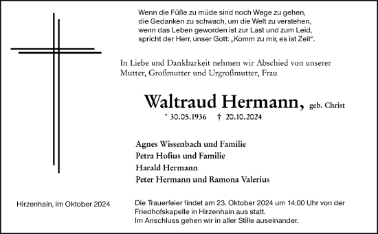 Traueranzeige von Waltraud Hermann von Dill Block