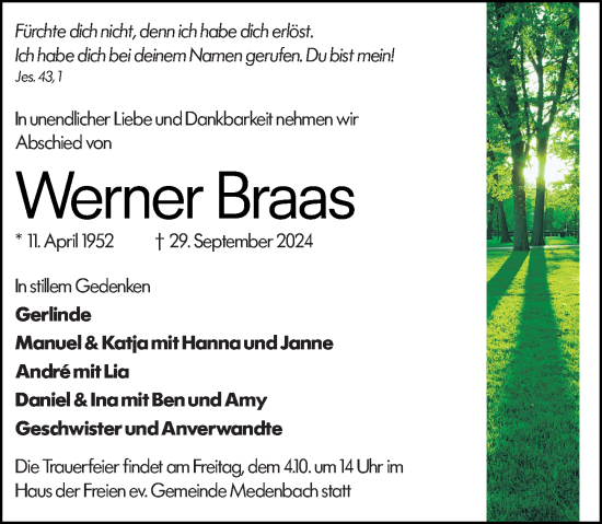 Traueranzeige von Werner Braas von Dill Block