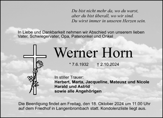 Traueranzeige von Werner Horn von Odenwälder Echo