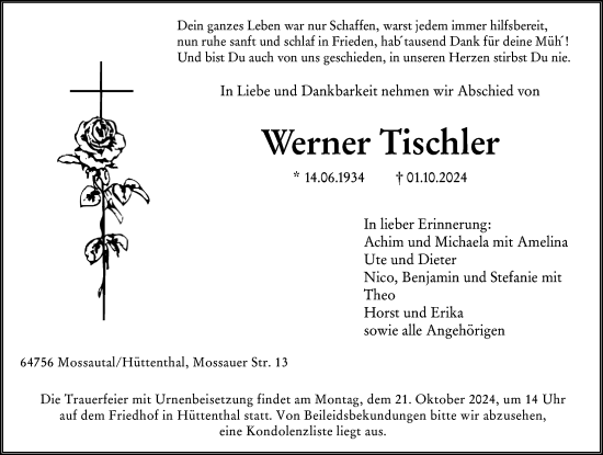 Traueranzeige von Werner Tischler von Odenwälder Echo