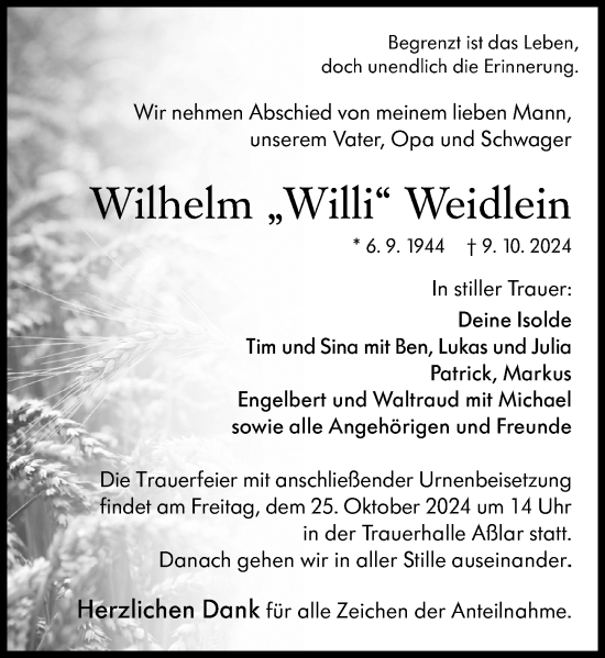 Traueranzeige von Wilhelm Weidlein von Wetzlarer Neue Zeitung