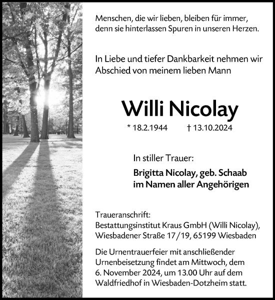 Traueranzeige von Willi Nicolay von Wiesbadener Kurier