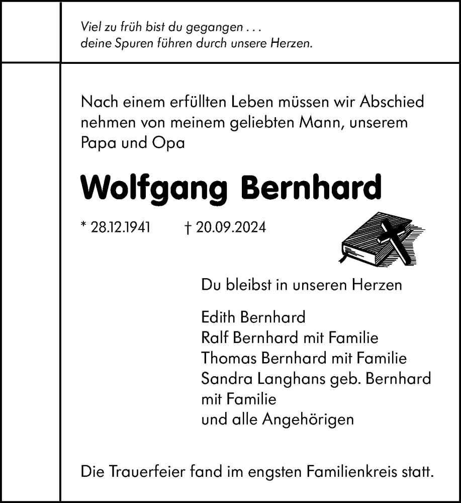  Traueranzeige für Wolfgang Bernhard vom 12.10.2024 aus Darmstädter Echo