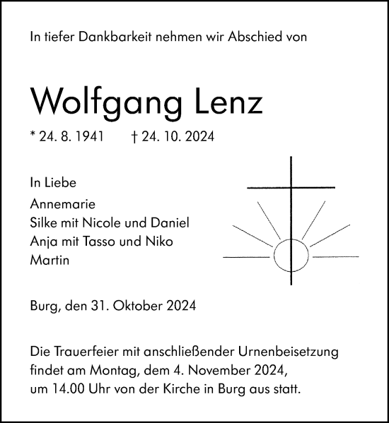 Traueranzeige von Wolfgang Lenz von Dill Block