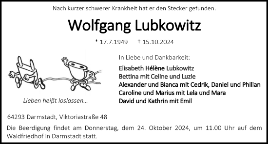 Traueranzeige von Wolfgang Lubkowitz von Darmstädter Echo