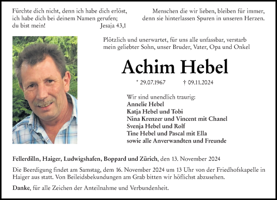 Traueranzeige von Achim Hebel von Dill Block