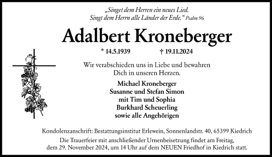 Traueranzeige von Adalbert Kroneberger von Rheingau Kurier