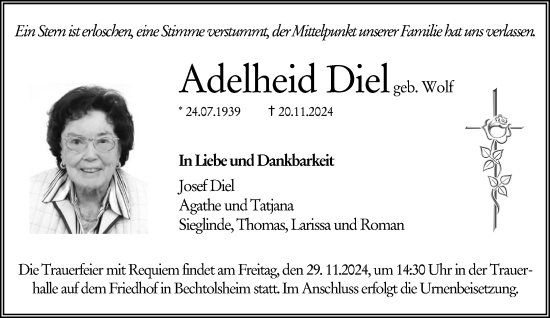 Traueranzeige von Adelheid Diel von Allgemeine Zeitung Alzey