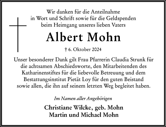 Traueranzeige von Albert Mohn von Wiesbadener Kurier