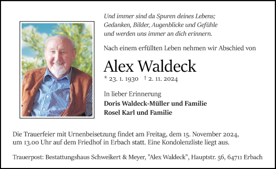 Traueranzeige von Alex Waldeck von Odenwälder Echo