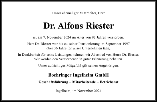 Traueranzeige von Alfons Riester von Allgemeine Zeitung Rheinhessen-Nahe