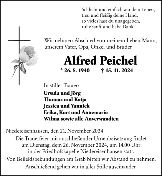 Traueranzeige von Alfred Peichel von Hinterländer Anzeiger