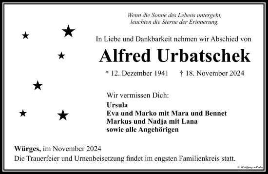 Traueranzeige von Alfred Urbatschek von Nassauische Neue Presse