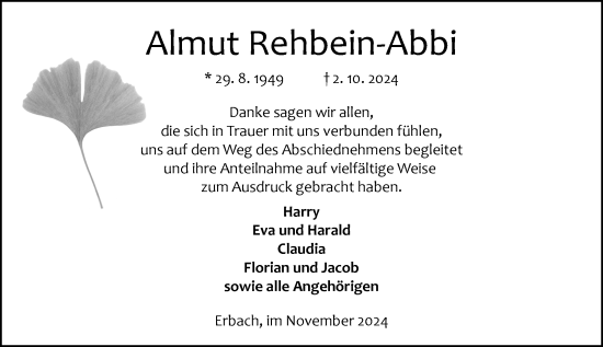 Traueranzeige von Almut Rehbein-Abbi von Odenwälder Echo