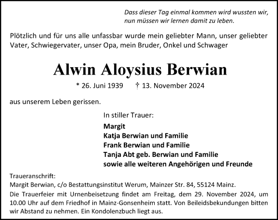 Traueranzeige von Alwin Aloysius Berwian von Allgemeine Zeitung Mainz