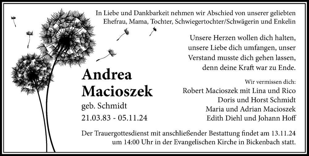  Traueranzeige für Andrea Macioszek vom 09.11.2024 aus Darmstädter Echo