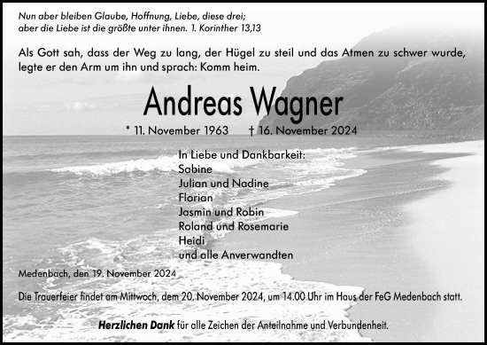 Traueranzeige von Andreas Wagner von Dill Block