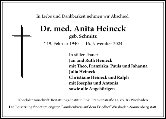 Traueranzeige von Anita Heineck von Wiesbadener Kurier