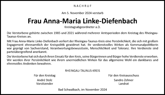 Traueranzeige von Anna-Maria Linke-Diefenbach von Idsteiner Land/Untertaunus