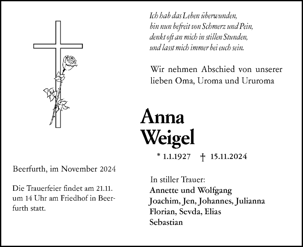  Traueranzeige für Anna Weigel vom 18.11.2024 aus Odenwälder Echo