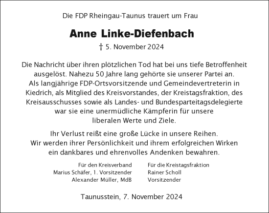 Traueranzeige von Anne Lienke-Diefenbach von Idsteiner Land/Untertaunus