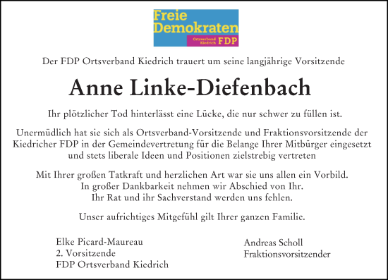 Traueranzeige von Anne Linke-Diefenbach von Rheingau Kurier