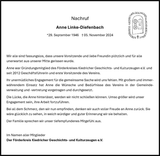 Traueranzeige von Anne Linke-Diefenbach von Rheingau Kurier