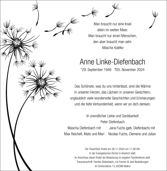 Traueranzeige von Anne Linke-Diefenbach von Wiesbadener Kurier