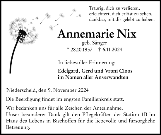 Traueranzeige von Anneemarie Nix von Dill Block