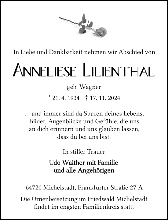 Traueranzeige von Anneliese Lilienthal von Odenwälder Echo