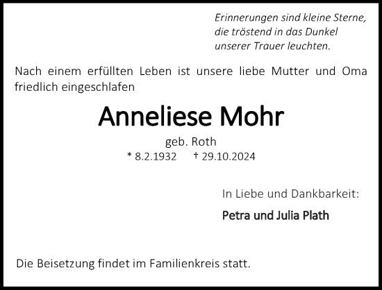 Traueranzeige von Anneliese Mohr von Darmstädter Echo