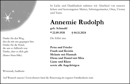 Traueranzeige von Annemie Rudolph von Allgemeine Zeitung Alzey