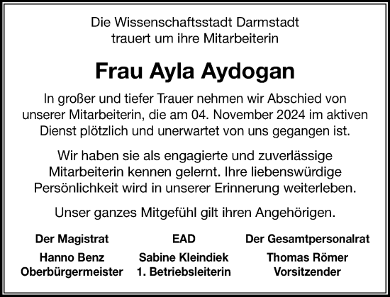 Traueranzeige von Ayla Aydogan von Darmstädter Echo