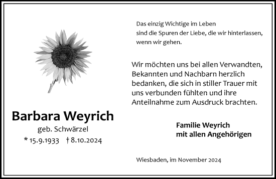 Traueranzeige von Barbara Weyrich von Wiesbadener Kurier