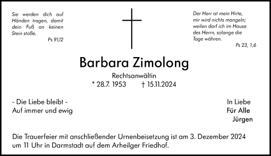 Traueranzeige von Barbara Zimolong von Darmstädter Echo