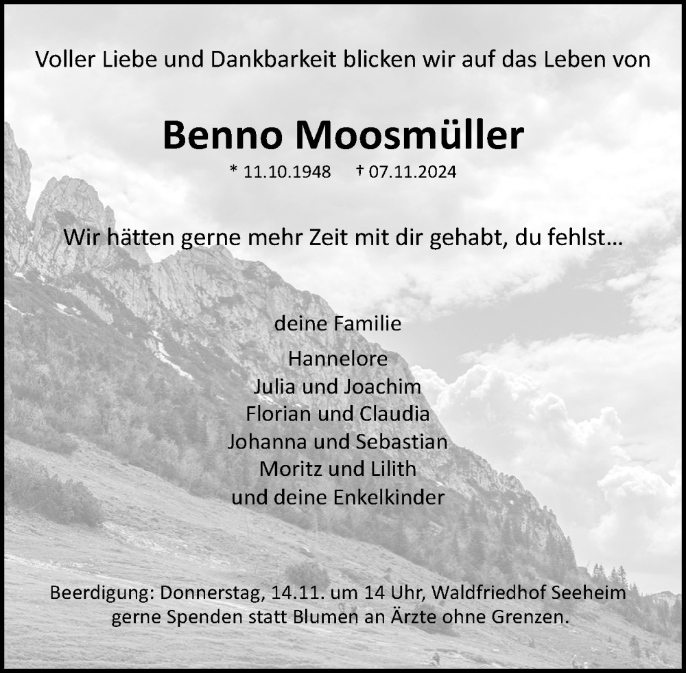  Traueranzeige für Benno Moosmüller vom 12.11.2024 aus Darmstädter Echo