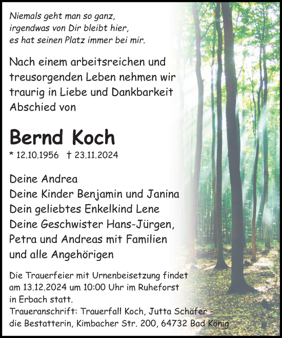 Traueranzeige von Bernd Koch von Odenwälder Echo